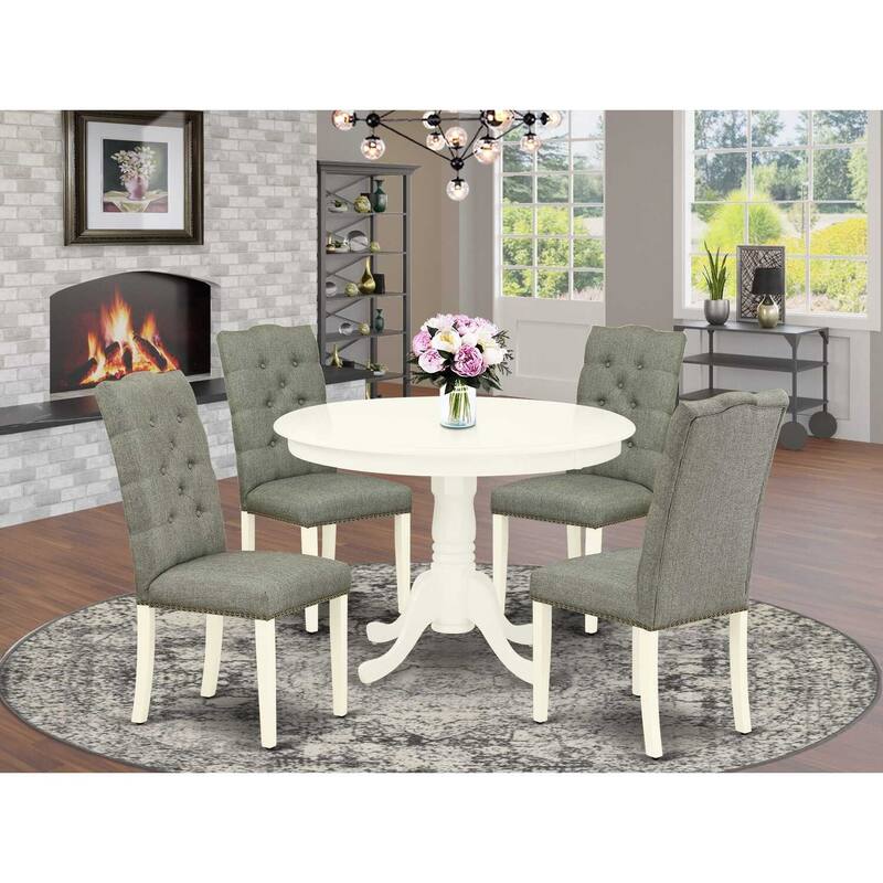 HomeStock 5-Piece Linen White Finish Solid Wood Top Dining Table with 4-Parson Chair with Lattice Back