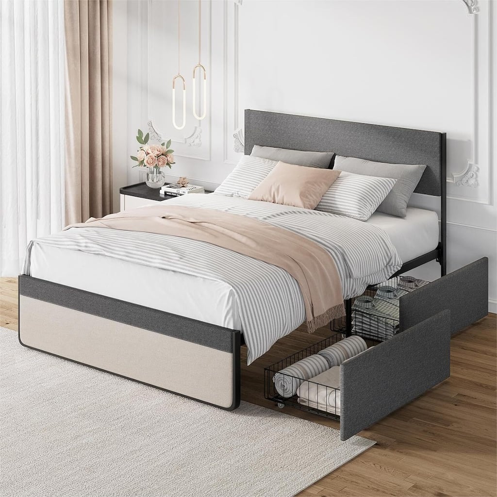 Bed Frame with 2 Storage Drawers Upholstered Platform Bed Frame