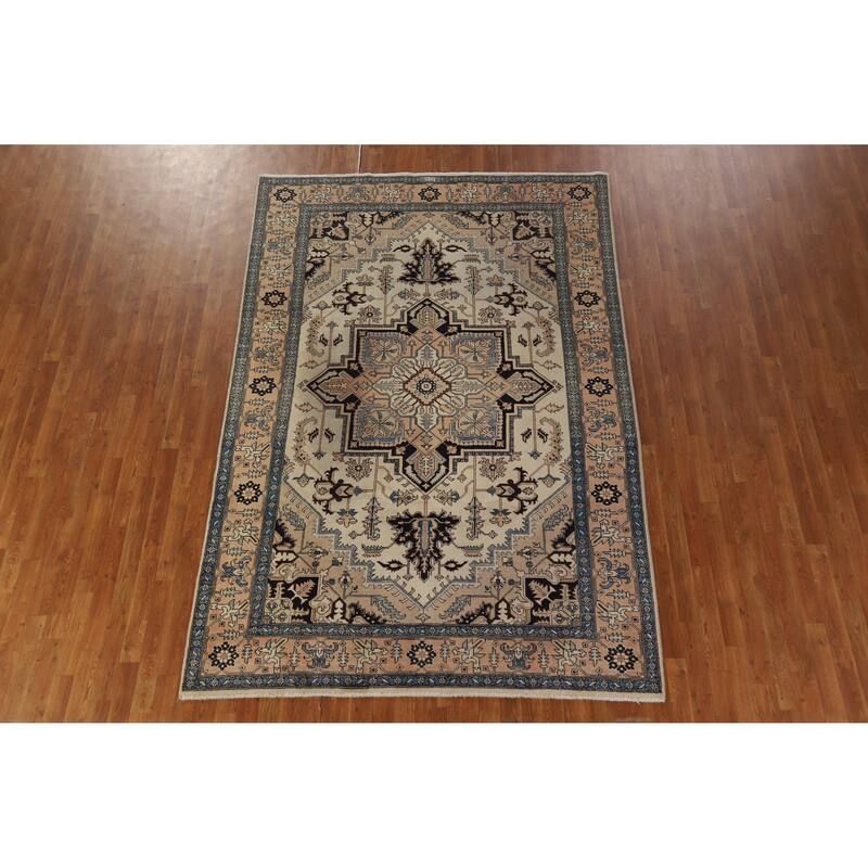 Hand Knotted Oriental 100% Wool Carpet Traditional Medallion Beige & Ivories Heriz (serapi) Area Rug - 9' 7'' X 6' 5''