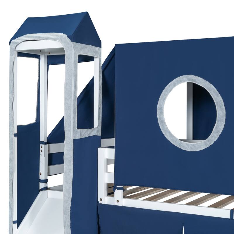 Blue Twin Loft Bed with Tent, Tower, and Playhouse Design for Kids