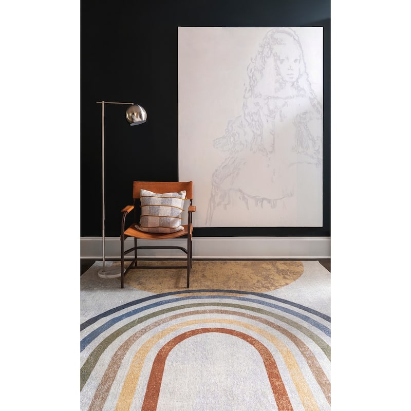 Livabliss Lillian Machine Washable Rainbow Stripes Area Rug - 7' 10" x 10' 2" - Greige Multi