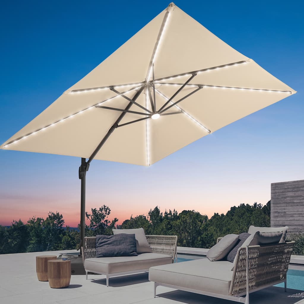 LIVOOSUN Patio10x10FT LED Aluminum Cantilever Umbrella Solution-Dyed Fabric w/Base