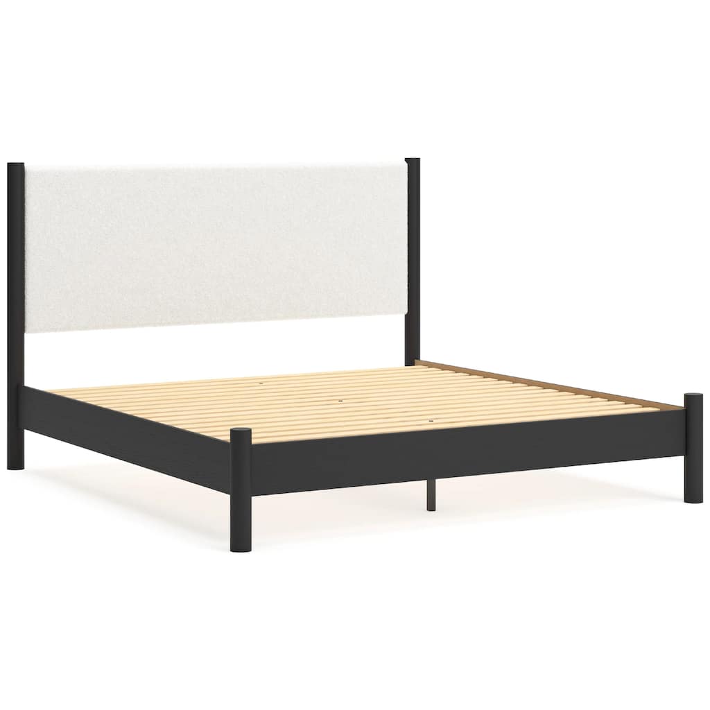 Mooran King Size Bed, White Polyester Upholstery, Modern Black Wood