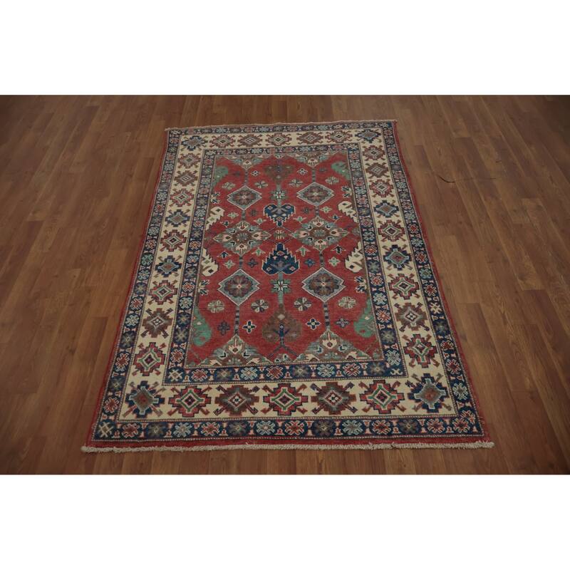 Hand Knotted Oriental 100% Wool Carpet Traditional Geometric Red Kazak Area Rug - 5' 9'' X 3' 10''