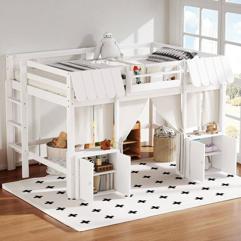Twin/Full Loft Bed with Bookshelf, Curtain Playhouse, Storage Shelf, Cottage Roof Design and Safety Guardrails for Kids - White - Full