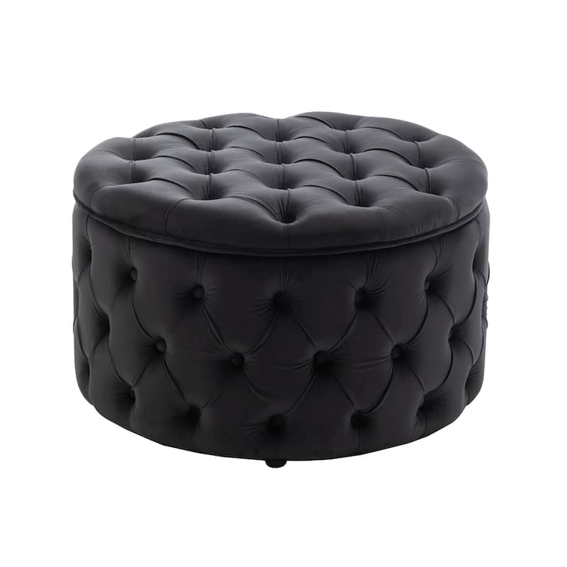 Porthos Home Fiene Velvet Upholstered Round Storage Ottoman - Black