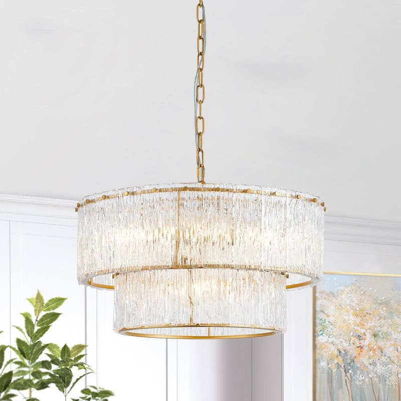 KAWOTI 2-Tier Modern Glam Chandelier with Textured Glass