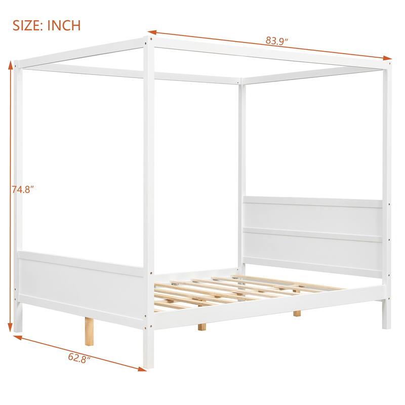 Queen Size White Canopy Platform Bed with Headboard, Footboard and Slat Support