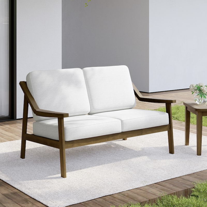 Outdoor Wood Teak Patio 2 Seater Loveseat with Cushion - Natural Wood - Beige