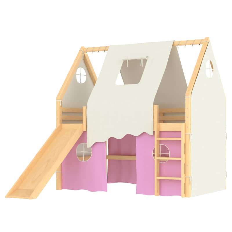 Fairytale Loft Bed Wooden House Bed with Tents, Light Strip and Slide