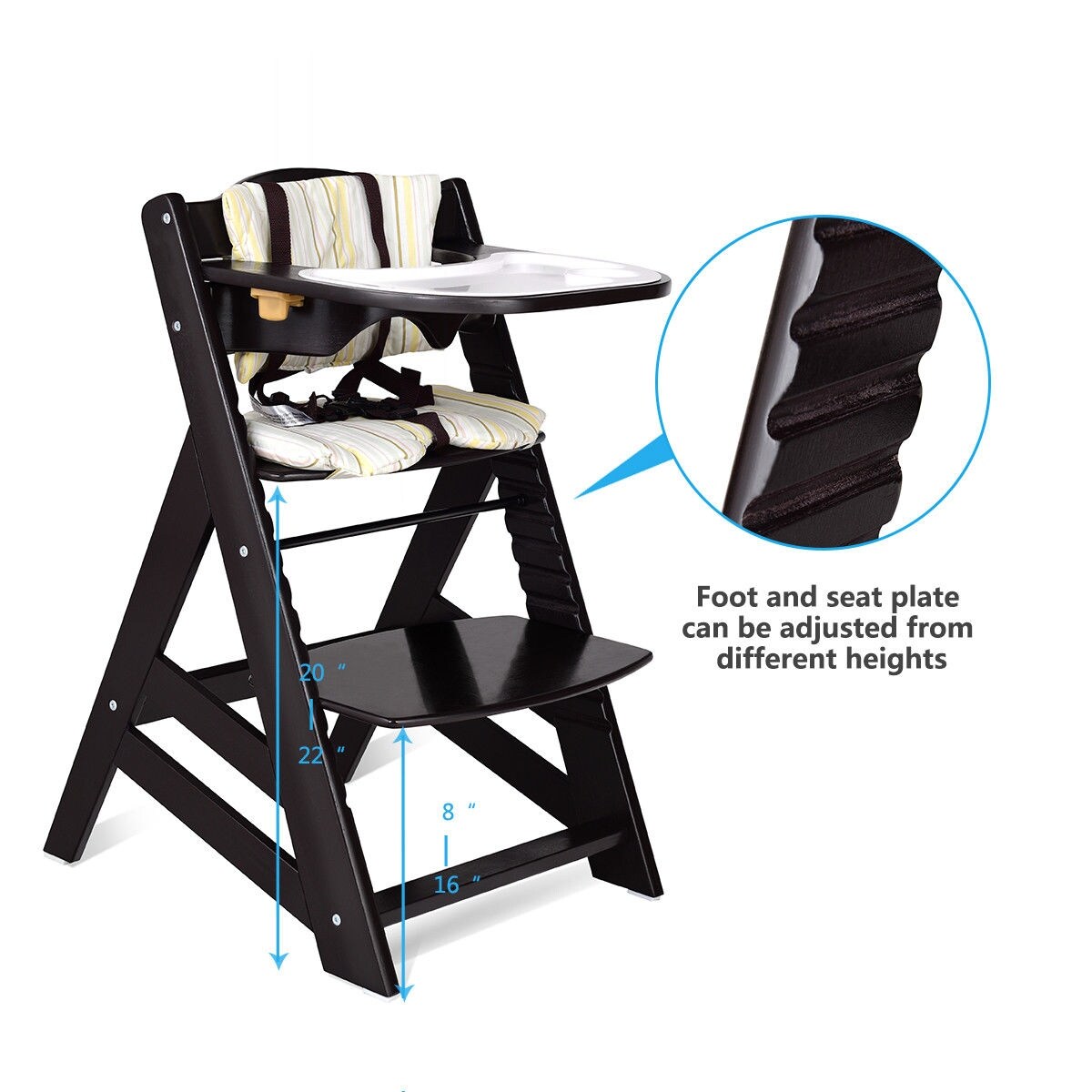 Shop Costway Baby Toddler Wooden Highchair Dining Chair Adjustable Height W Removeable Tray Dark Brown Overstock 23081677