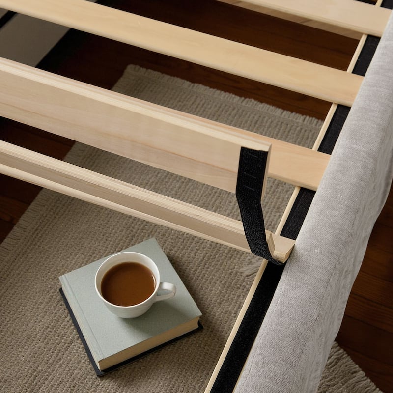 King Upholstered Platform Bed with Pleated Chenille Headboard, Built-in Bedside Table & Adjustable Lamps, No Box Spring