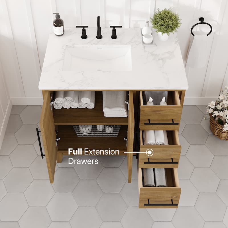 Eviva Graham 36"W Oak Bath Vanity with Arabescato Engineered Stone Top