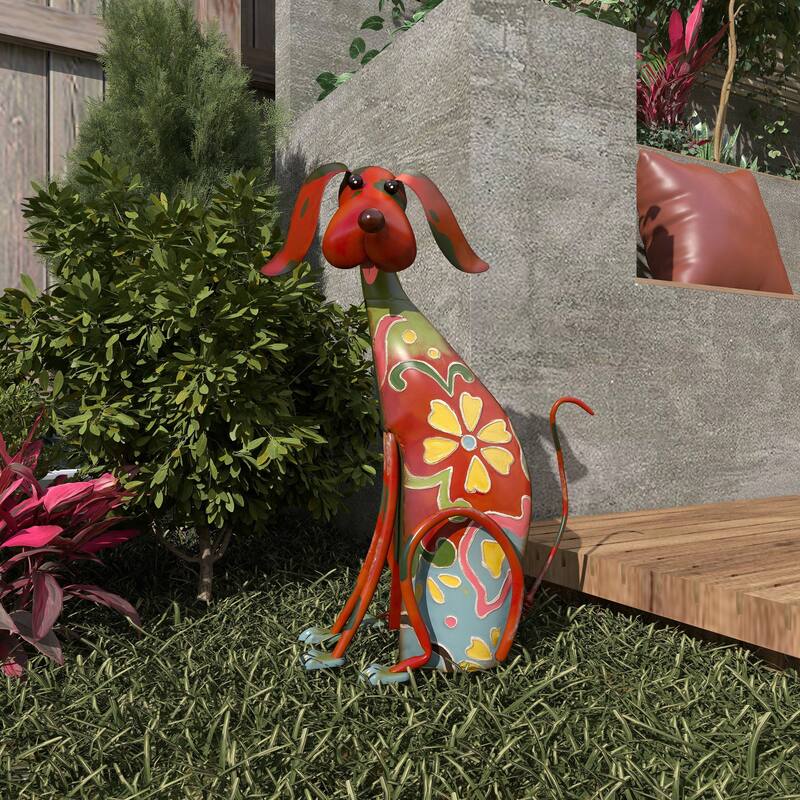 Multi Colored Metal Indoor Outdoor Dog Garden Sculpture with Floral Pattern