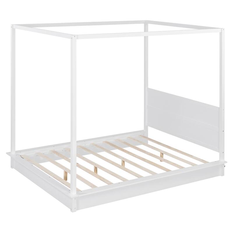 Queen Size Solid Wood LED Canopy Bed with 4-Post Frame and Headboard, Modern Floor Bed, Wooden Canopy Bed Frame for Bedroom