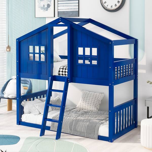 slide 2 of 18, Modern & Rustic Style Twin Over Twin Size Solid Wood Frame House Bunk Bed With Ladder and Roof, No Spring Box Needed Blue