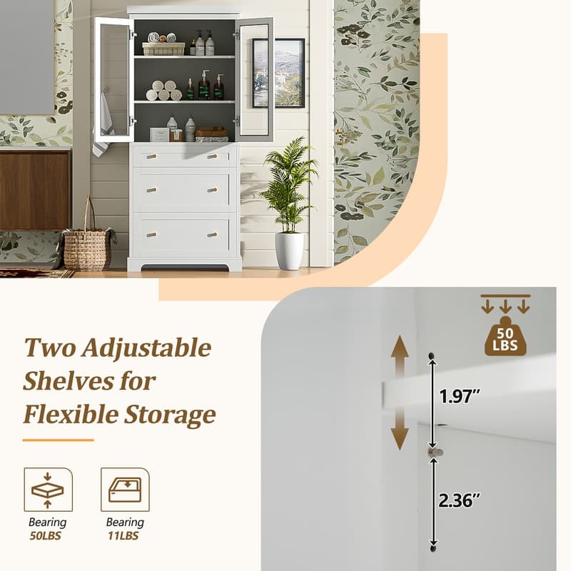70.1" Modern High Freestanding Tall Bathroom Cabinet with 2 Adjustable Shelves, 3 Drawers, Soft Close Glass Doors