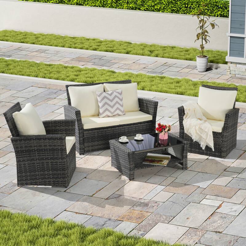 4 Piece Outdoor Rattan Conversation Furniture Sets, All Weather Patio Wicker Chair Set with Tempered Glass Coffee Table