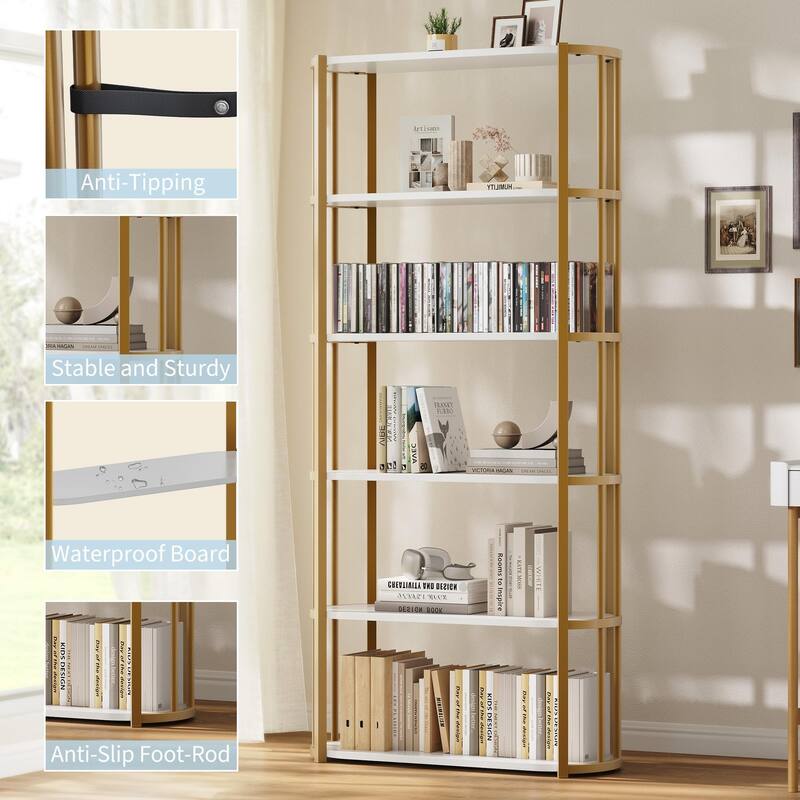 71 Inch Tall Bookshelf, 6 Tier Industrial Bookcase with Heavy Duty Metal Frame, Slim Farmhouse Storage Shelves