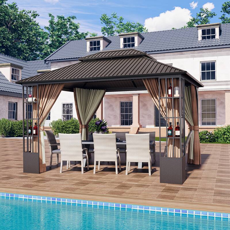 10 ft. x 12 ft. Double Roof Hardtop Patio Gazebo with Aluminum Frame, Storage Shelf