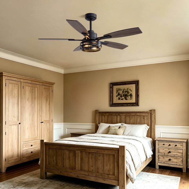 52Inch Farmhouse Black Caged Ceiling Fans With Light Modern Rustic Wood Grain Fandeliers For living room dining room - 52in.