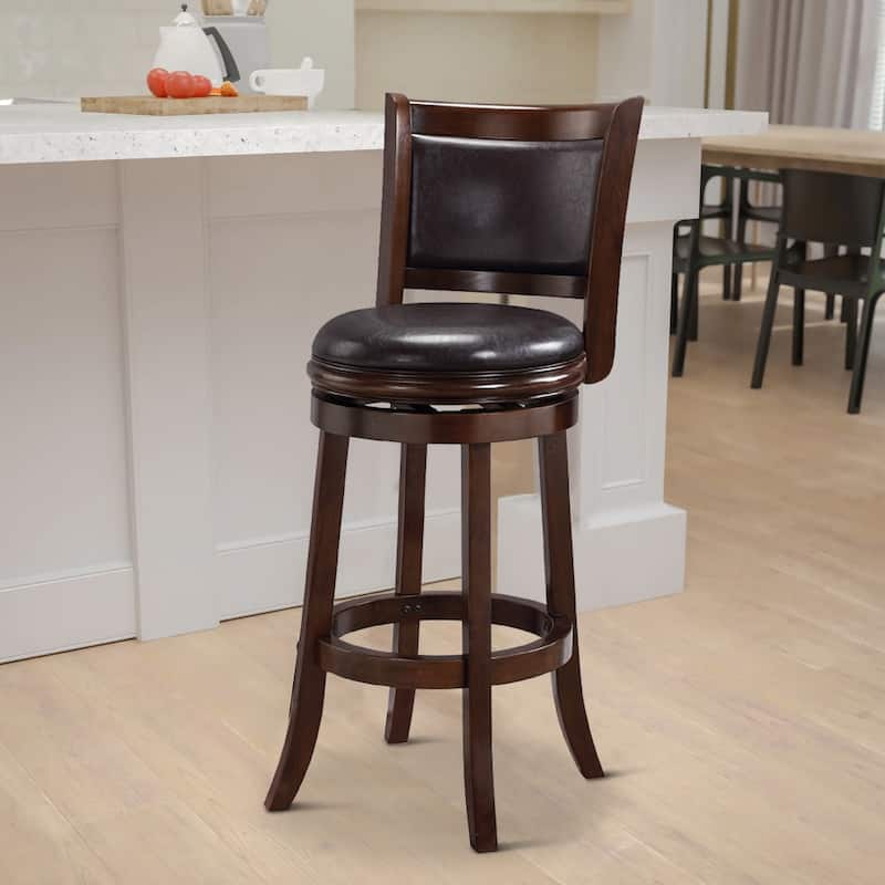 29 Inch Swivel Bar Stool, Solid Wood, Bonded Leather - 19.5 L x 18 W x 43.5 H - Espresso Brown