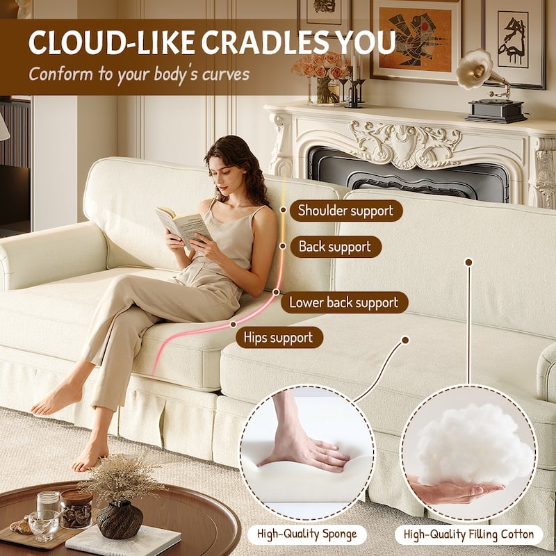 93.7" Luxury 4 Seater Cloud Couch with Extra Deep Seat, Fabric Sofa with Rolled Arms and Pleated Skirt