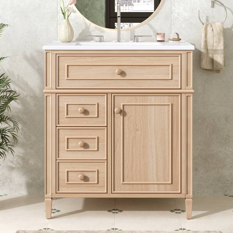 30 Inch Bathroom Vanity with Sink, Solid Wood Cabinet with Flip-Out Drawer and Soft-Close Doors