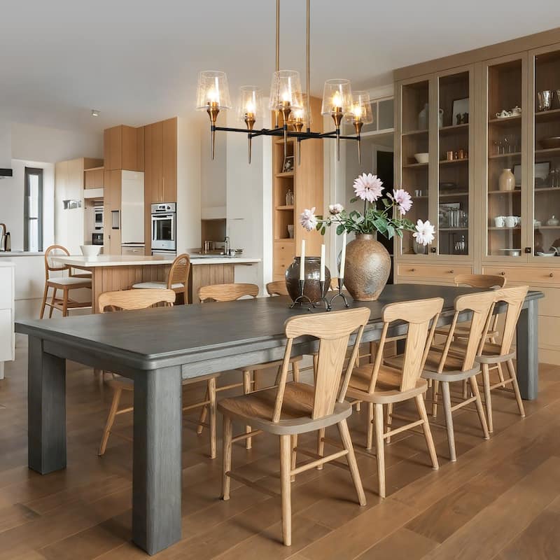 Mid-Century Modern 6-Light Black Gold Linear Chandelier Glass Island Lights for Dining Room