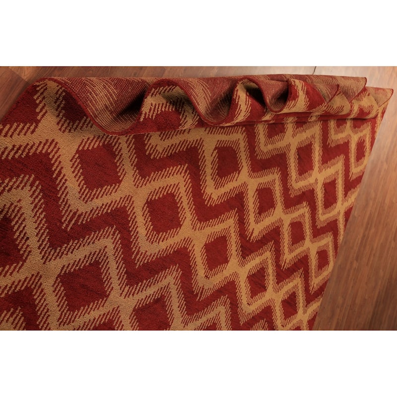 Hand Knotted Oriental 100% Wool Carpet Modern Geometric Red Moroccan Area Rug - 9' 7'' X 7' 11''