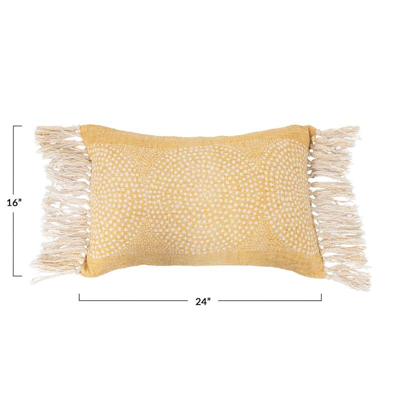Stonewashed Cotton Slub Lumbar Pillow with Dot Pattern and Fringe
