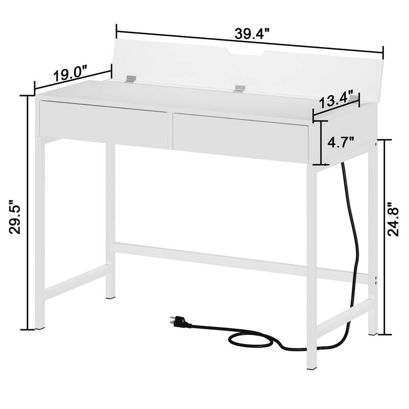 40" Charging Station Desk with 2 Outlets & 2 USB Ports - 2-Drawer Computer/Vanity Desk for Office or Bedroom