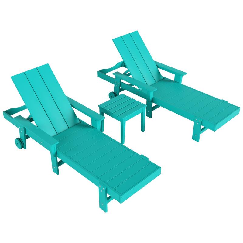 Polytrends Shoreside Modern Poly Reclining Eco-friendly Chaise Lounge With Arms, Wheels, and Side Table (3-Piece Set)