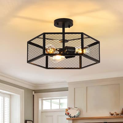 3-Light Farmhouse Drum Black Caged Semi Flush Mount - Matte Black - N/A