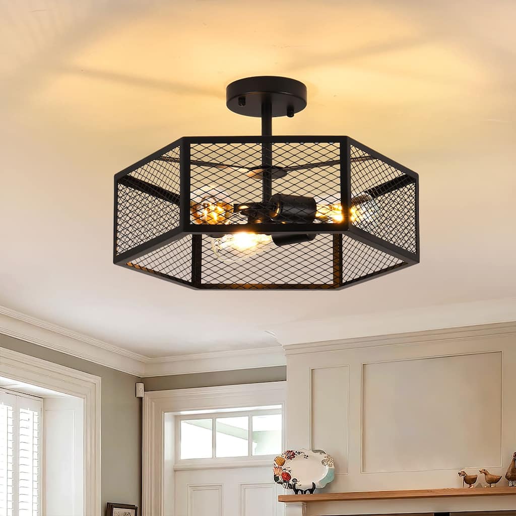 3-Light Farmhouse Drum Black Caged Semi Flush Mount - Matte Black - N/A