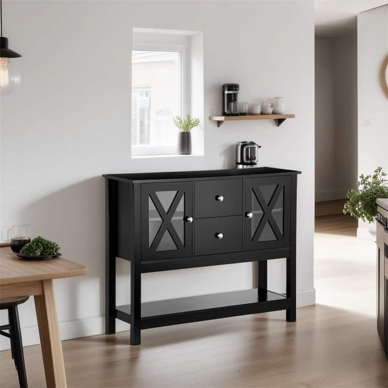Wood Buffet Cabinet with Storage Drawers and Glass Door - N/A - Black