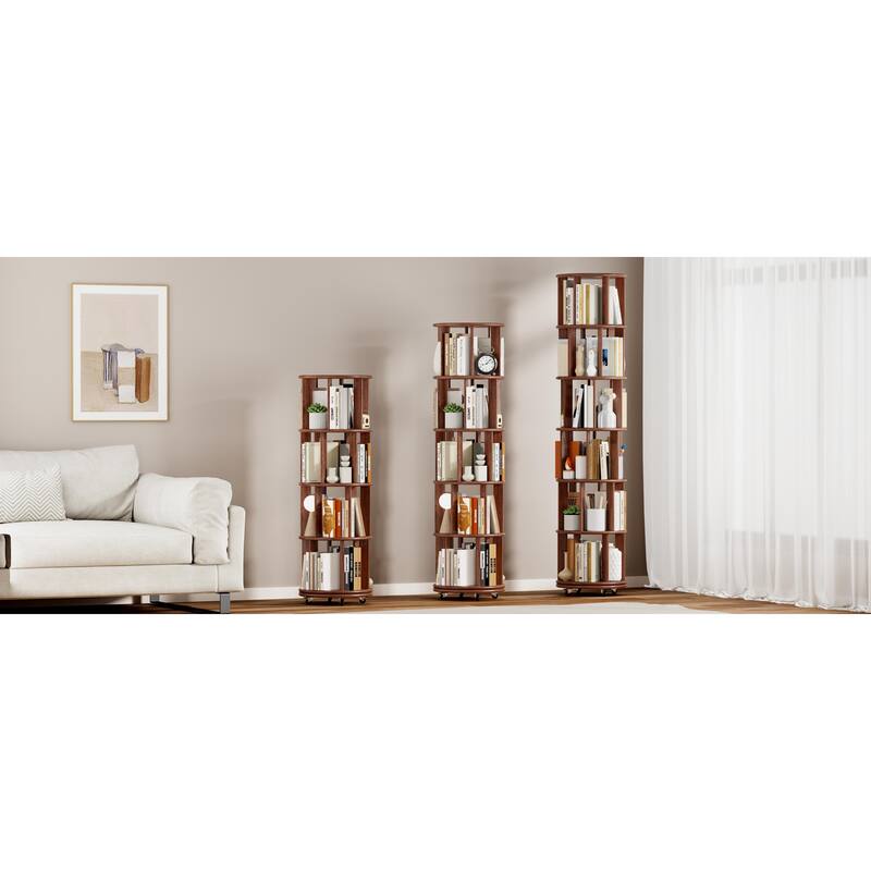 100%Solid Wood Rotating Bookshelf on Wheels, 4 Tier, Round Revolving Bookcase, 360°Spinning Book Shelf Tower