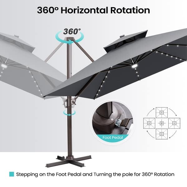 360-degree led cantilever offset patio umbrella w/ tilt - 10ft Best Choice Products Solar Lit Umbrella, Outdoor Hanging Shade 78.5 sq ft) 10FT 360 Rotation Offset Cantilever