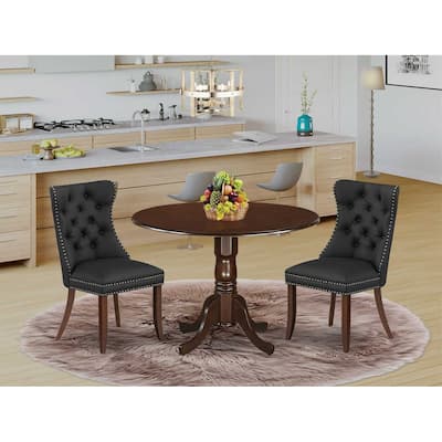 3-Piece Mahogany Finish Solid Wood Top-Round Upholstered Dining Room Set -Seats 4