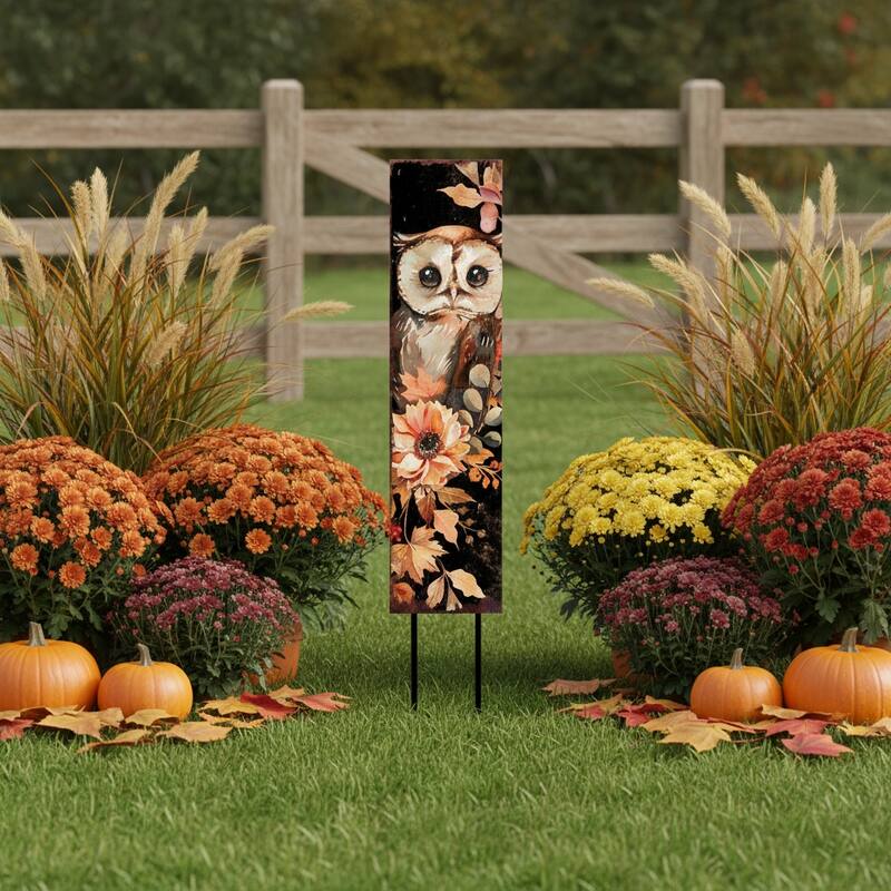HomeRoots 42" Black Orange And Tan Solid Wood Happy Halloween And Fall Owl Reversible Garden Stake - Orange/Purple/Black - Wood