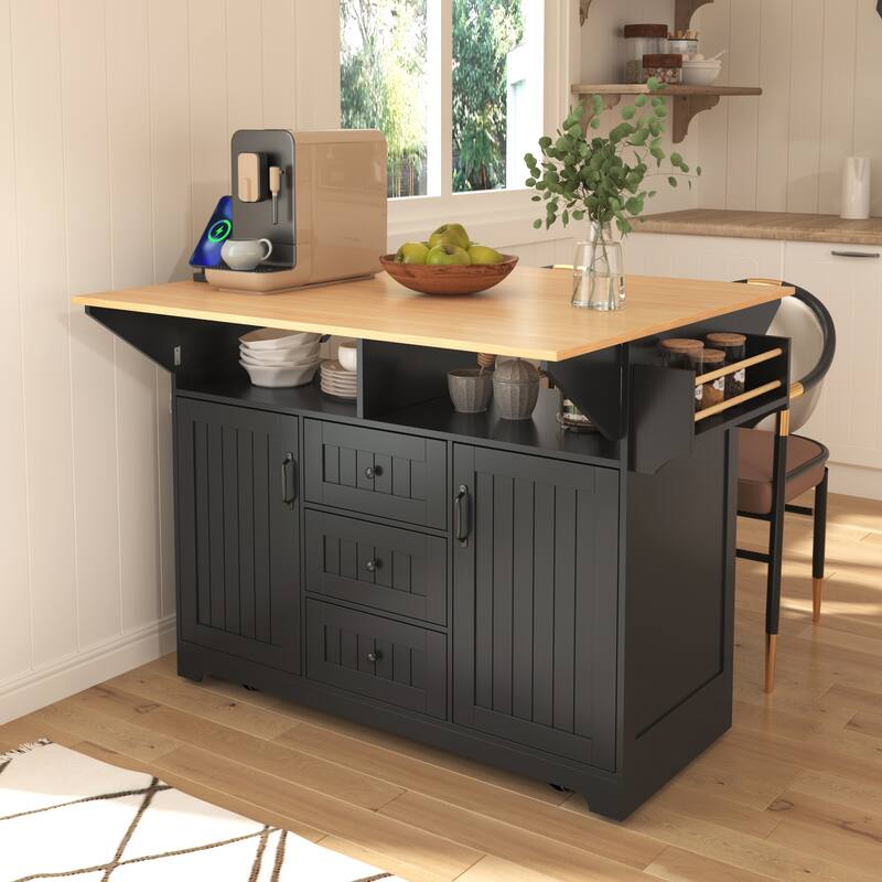 55.7" Large Kitchen Island with 2 Drop Leaf, 5 Wheels, Power Outlet, Spice, Towel Rack & 3 Drawers - Black