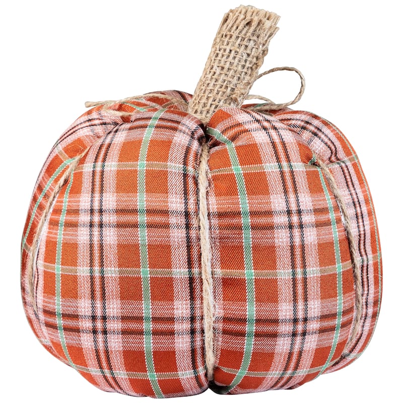 Plush Ribbed Plaid Fall Harvest Pumpkin - 8" - Orange and Green