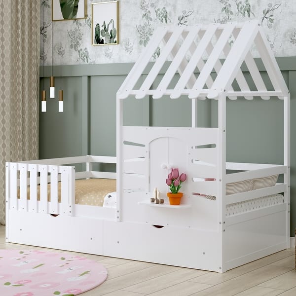 slide 2 of 18, Twin Size House Bed w/ 2 Storage Drawers & Guardrails, Playhouse Bed w/ Roof and Window, Wooden Bed for Girls & Boys, White White