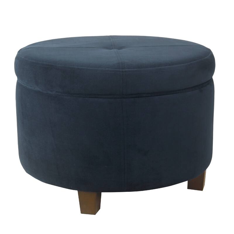 Soni Round Storage Ottoman, 24 Inch Navy Blue Velvet, Dark Brown Legs