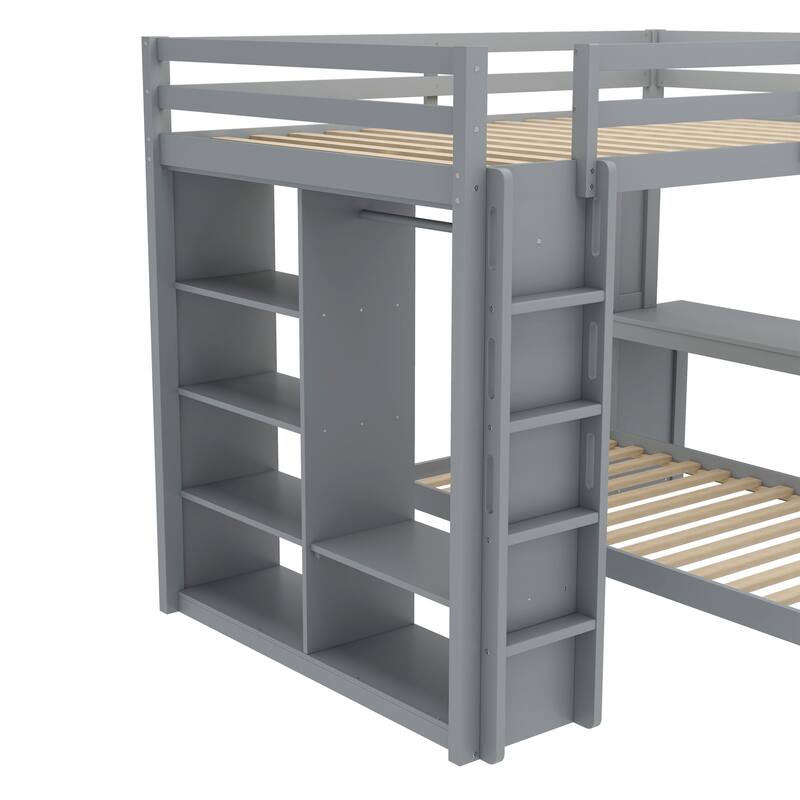 Queen Size Loft Bed & Twin Size Platform Bed Set, Wood Bunk Bed with Built-in Desk, Open Shelves and Wardrobe, Queen Over Twin