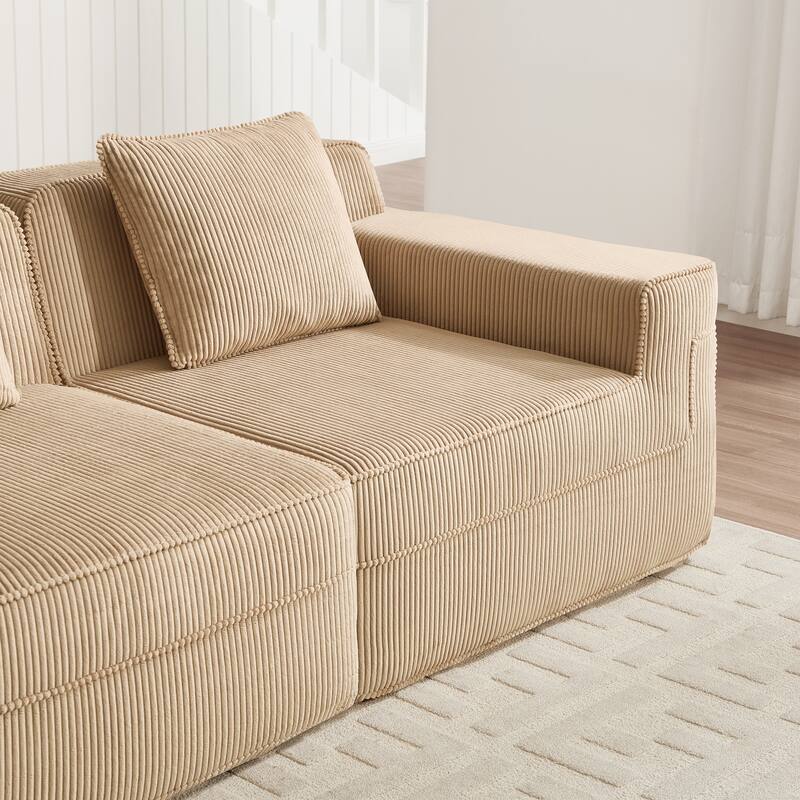 Modular 2-Seat Boneless Sofa, Modern Sectional Couch with Deep Seats, Wide Armrests, Corduroy Loveseat with Throw Pillows