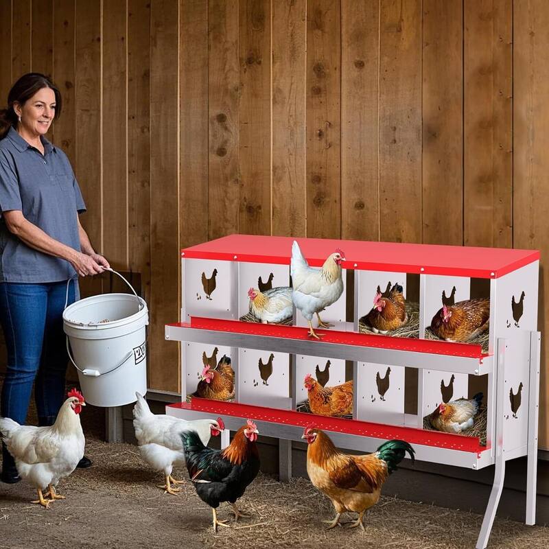 Wall-Mount or Free-Standing Metal Chicken Nesting Box for Hens, Red with Legs