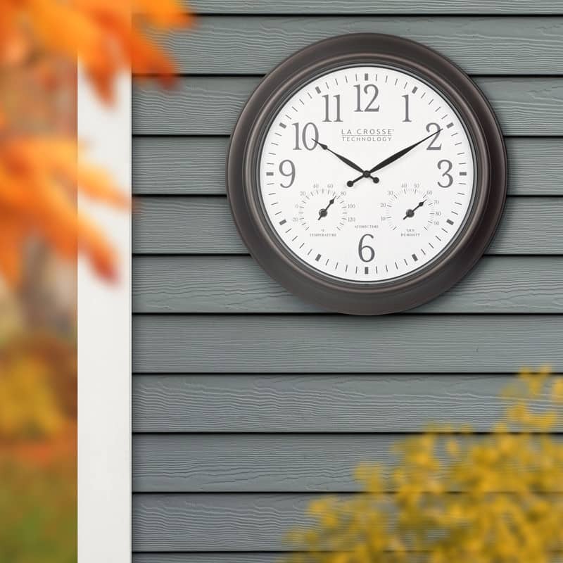 La Crosse 18 Inch Outdoor Brown Atomic Analog Temp Clock, 404-89027