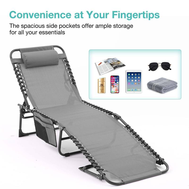 Folding Chaise Lounge Pool Chair Set of 2, Patio Sun Tanning Chair, Outdoor Lounge Chair with 4-Position Reclining Back