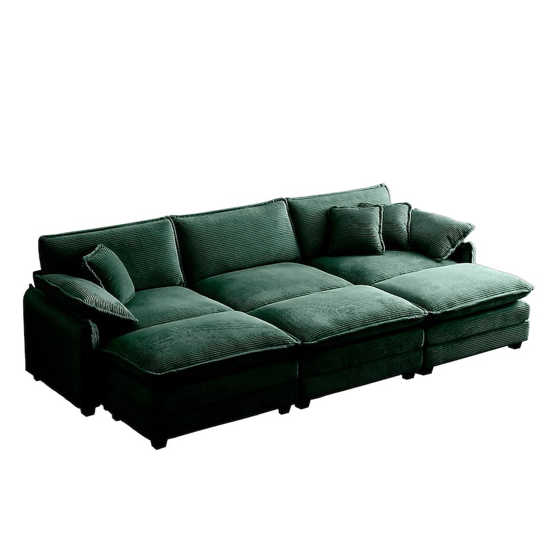Green 6-Piece Corduroy Modular Sleeper Sectional Sofa with 3 Ottomans & 5 Pillows